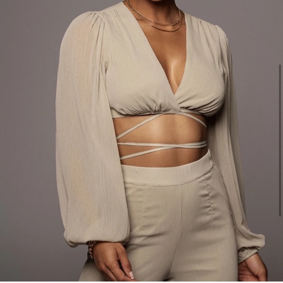 JLUXLABEL Two Piece Olive Green Sage Wrap Wide Leg Set - Picture 5 of 14